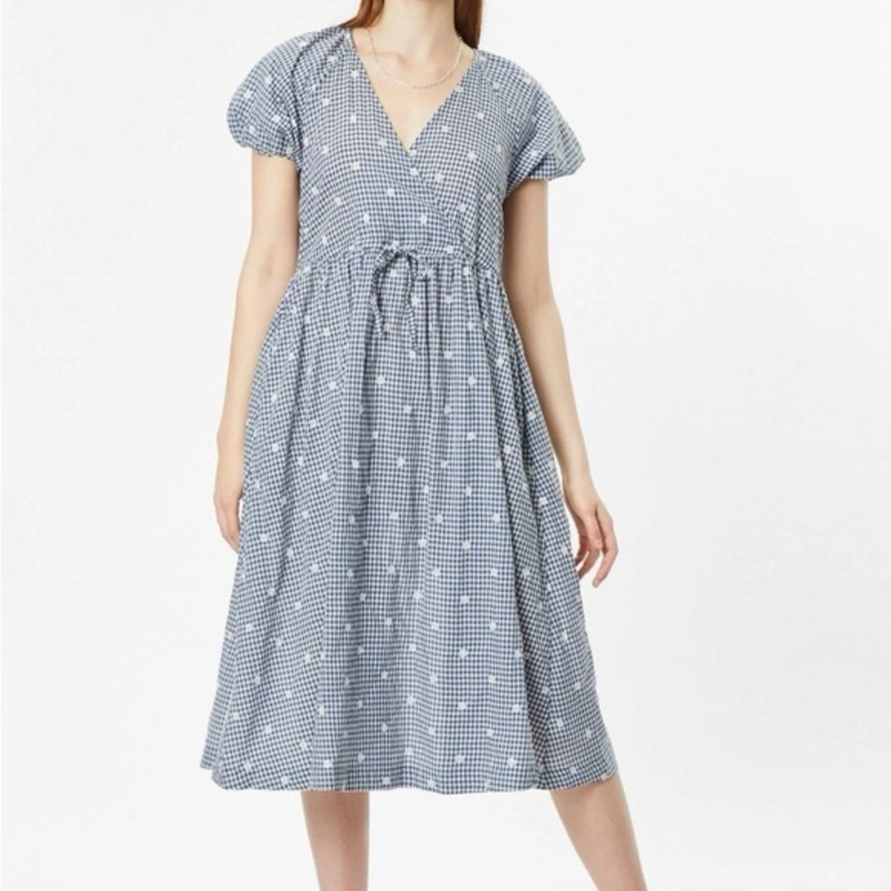 Madewell Embroidered Gingham Faux-Wrap Tie-Waist Midi Dress Size M Cotton